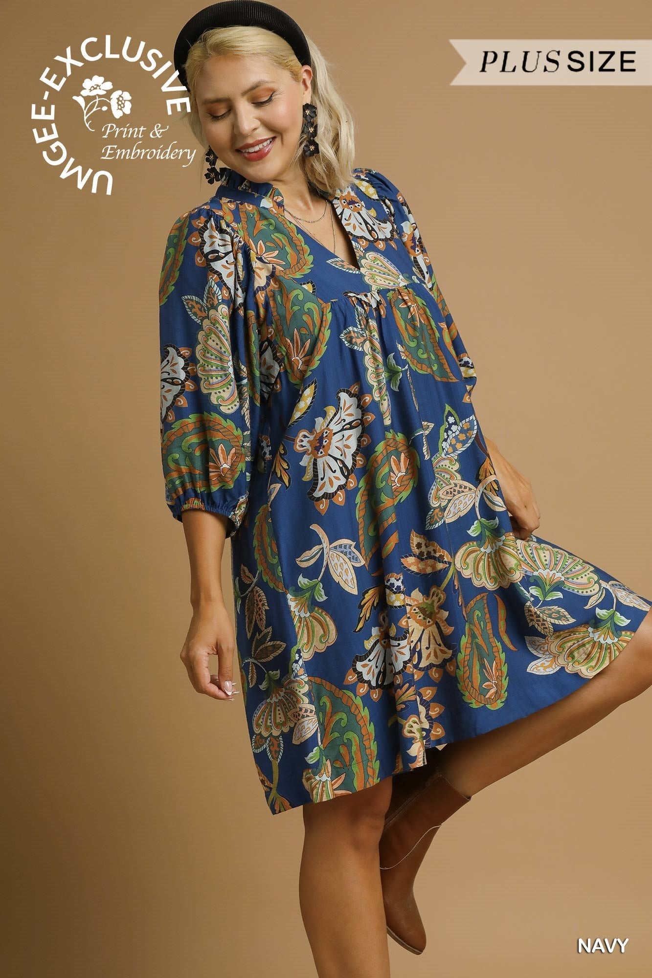 Curvy Autumn Petals Babydoll Dress - Navy