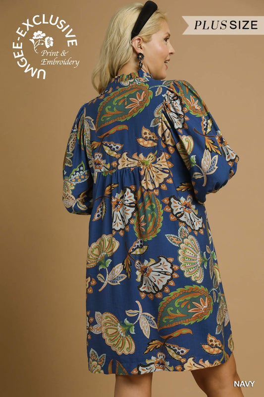 Curvy Autumn Petals Babydoll Dress - Navy