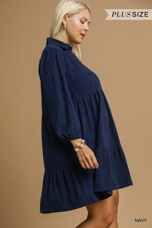 Curvy Charming Grace Corduroy Dress - Navy