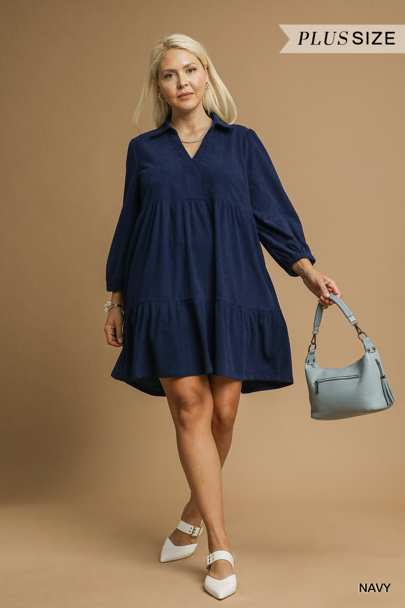 Curvy Charming Grace Corduroy Dress - Navy