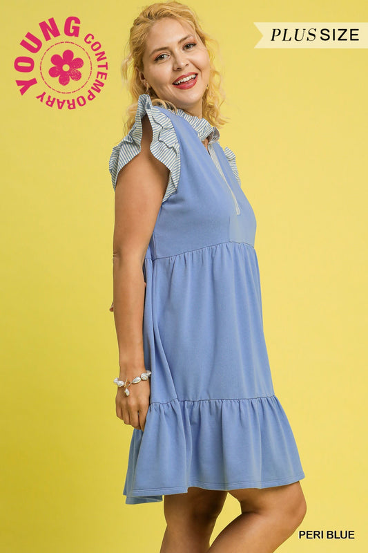 Curvy Bella Ruffle Sleeve Tiered Dress - Blue
