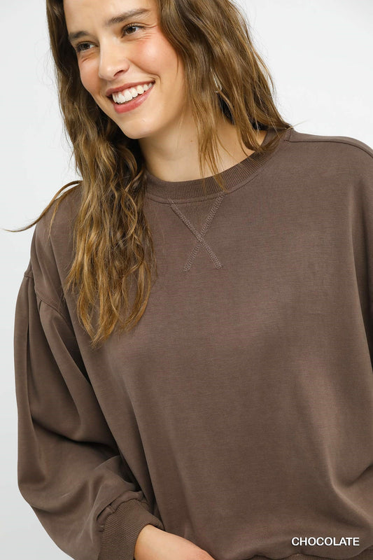 Cali Puff Sleeve Luxe Sweatshirt - Brown