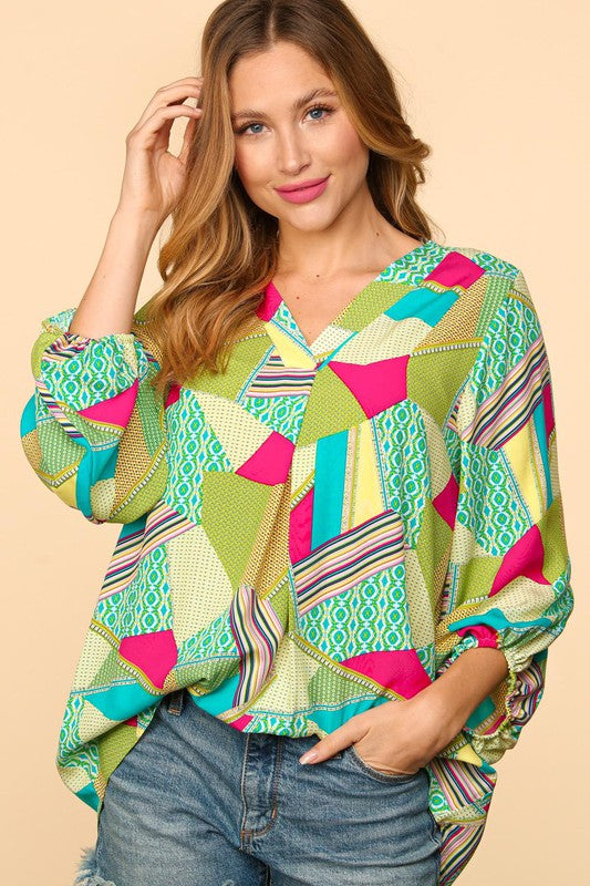 Curvy Key Lime Geometric Print Top
