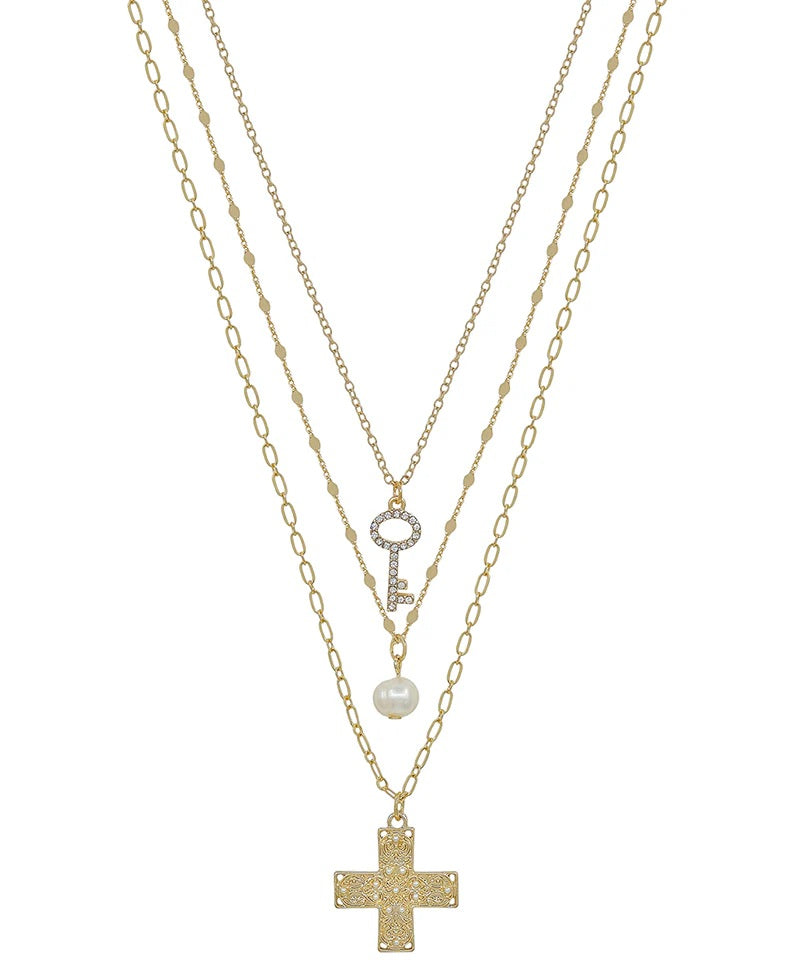 Pave Cross Trio Layered Necklace - Delta Swanky Girl