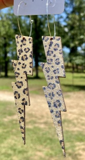 White Lightning Earrings (Leopard Wooden Lightning Bolt) - Delta Swanky Girl