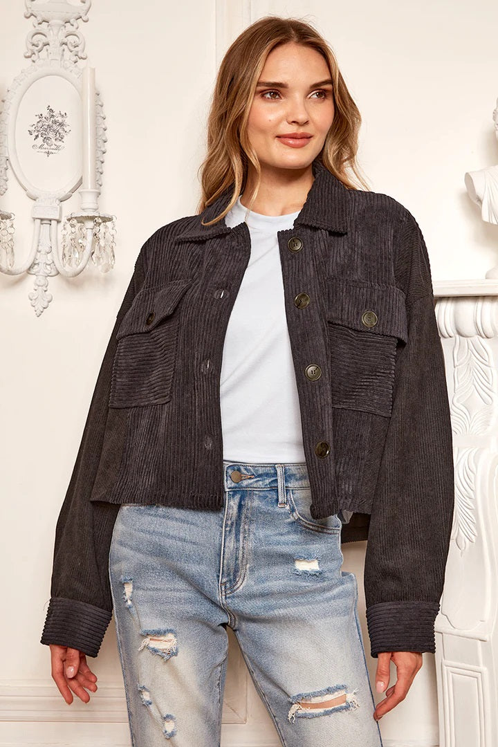 Frankie Cropped Corduroy Jacket (Black) - Delta Swanky Girl