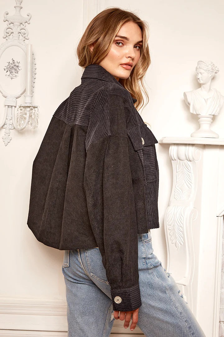 Frankie Cropped Corduroy Jacket (Black) - Delta Swanky Girl