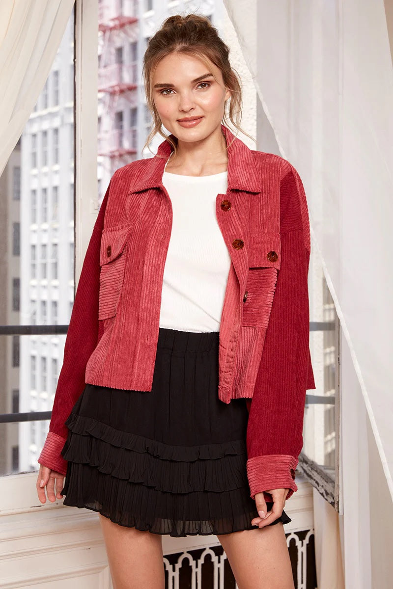 Frankie Cropped Corduroy Jacket (Burgundy) - Delta Swanky Girl