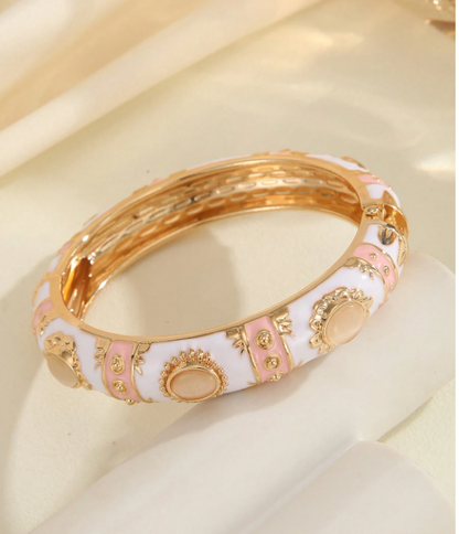 Vintage Enamel Hinge Bangle Bracelet - White
