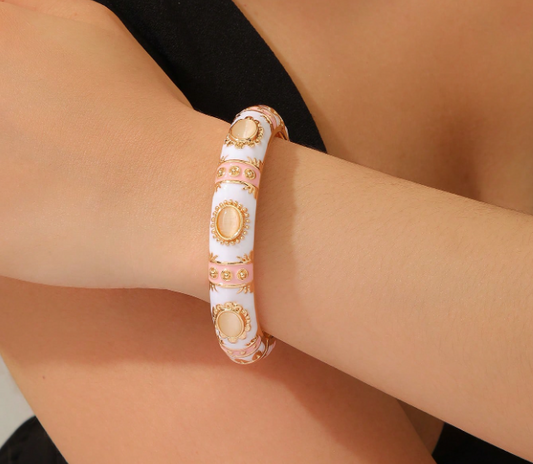 Vintage Enamel Hinge Bangle Bracelet - White