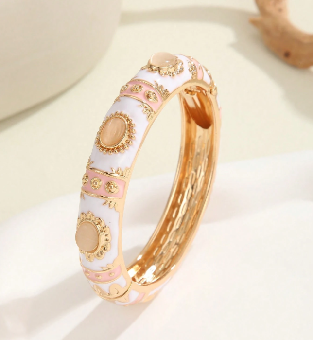 Vintage Enamel Hinge Bangle Bracelet - White