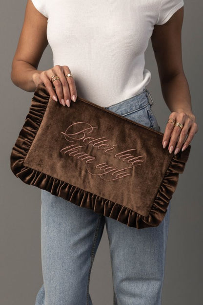 High Society Velvet Ruffle Clutch