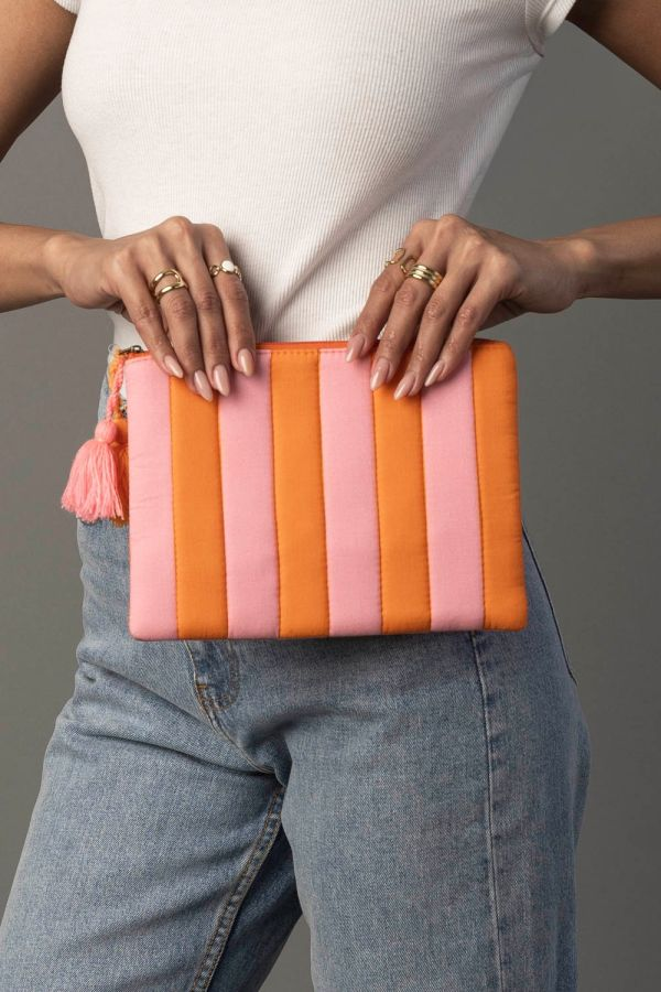 The Pink Citrus Pouch | Pink & Orange Striped Tassel Pouch