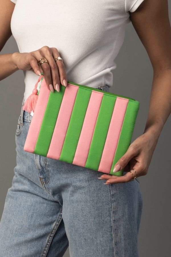 The Green Citrus Pouch | Pink & Green Striped Tassel Pouch