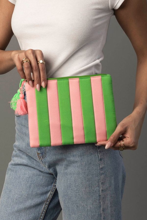 The Green Citrus Pouch | Pink & Green Striped Tassel Pouch