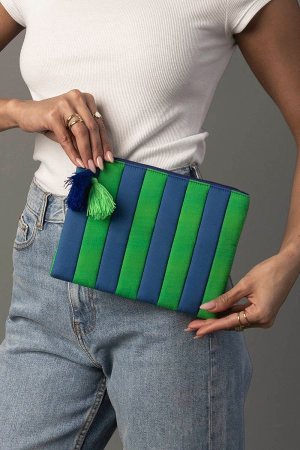The Blue Citrus Pouch | Blue & Green Striped Tassel Pouch