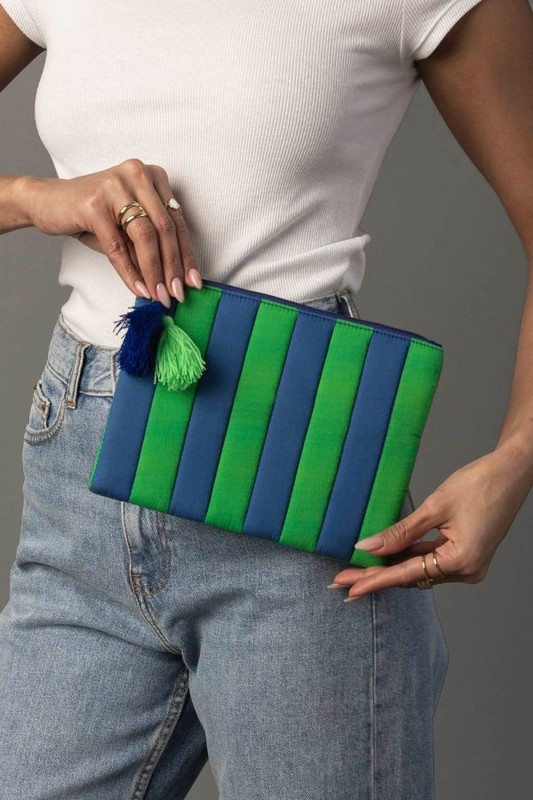 The Blue Citrus Pouch | Blue & Green Striped Tassel Pouch