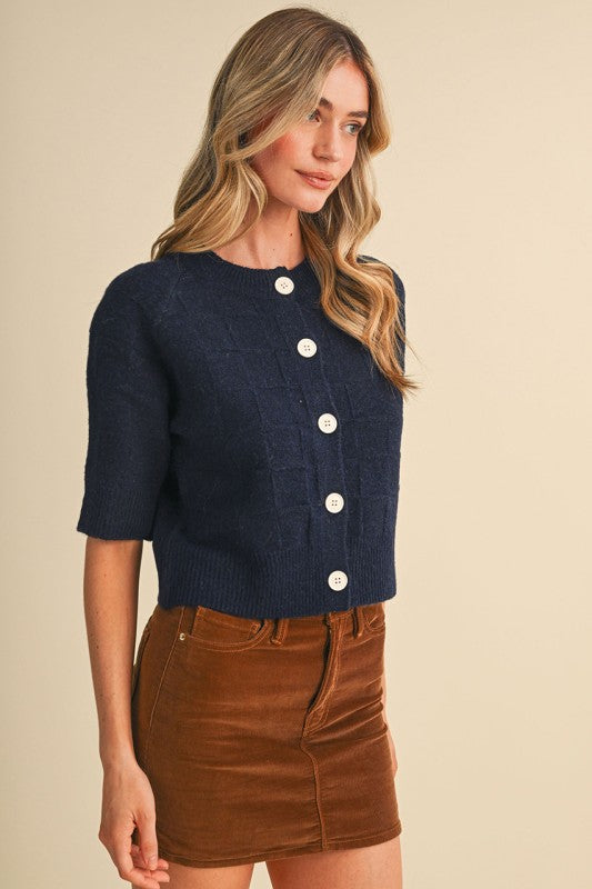 The Navy Noteworthy Cardigan | Short Sleeve Textured Button Front Sweater