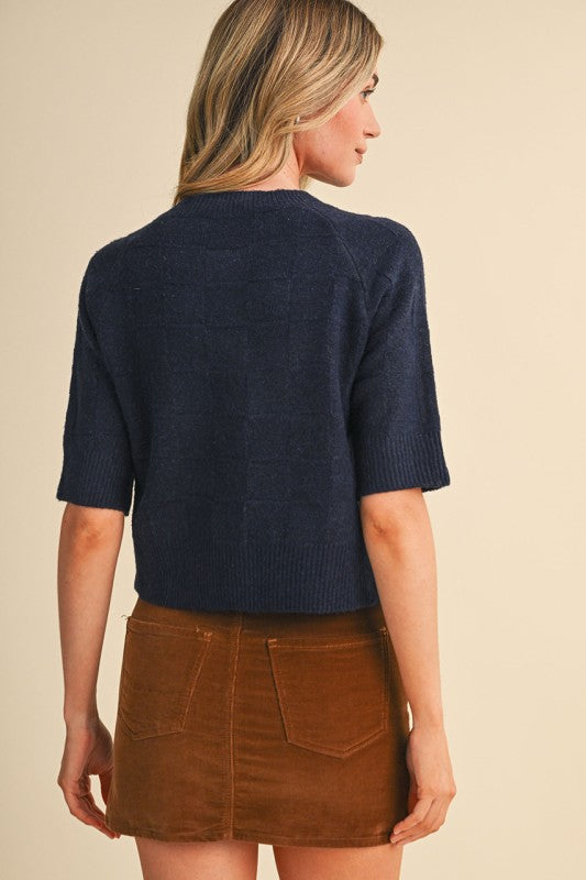 The Navy Noteworthy Cardigan | Short Sleeve Textured Button Front Sweater