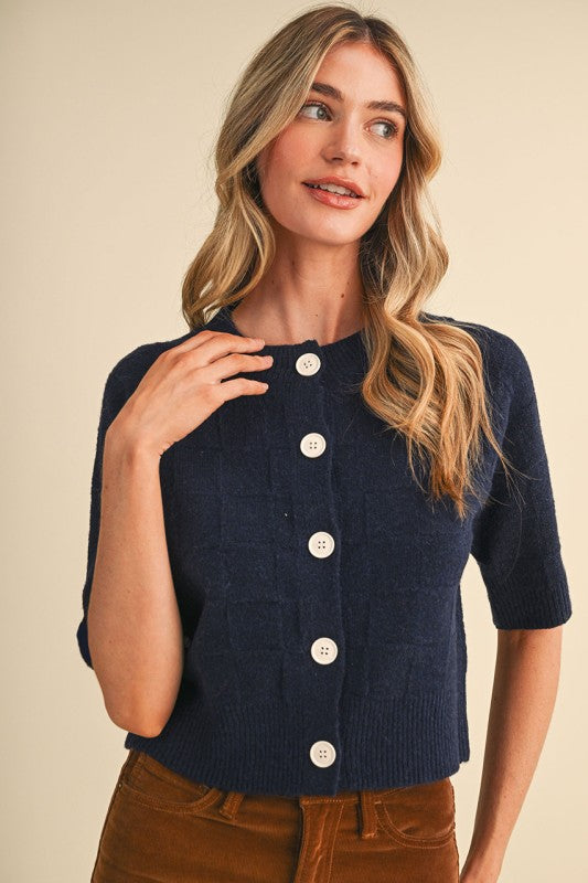 The Navy Noteworthy Cardigan | Short Sleeve Textured Button Front Sweater