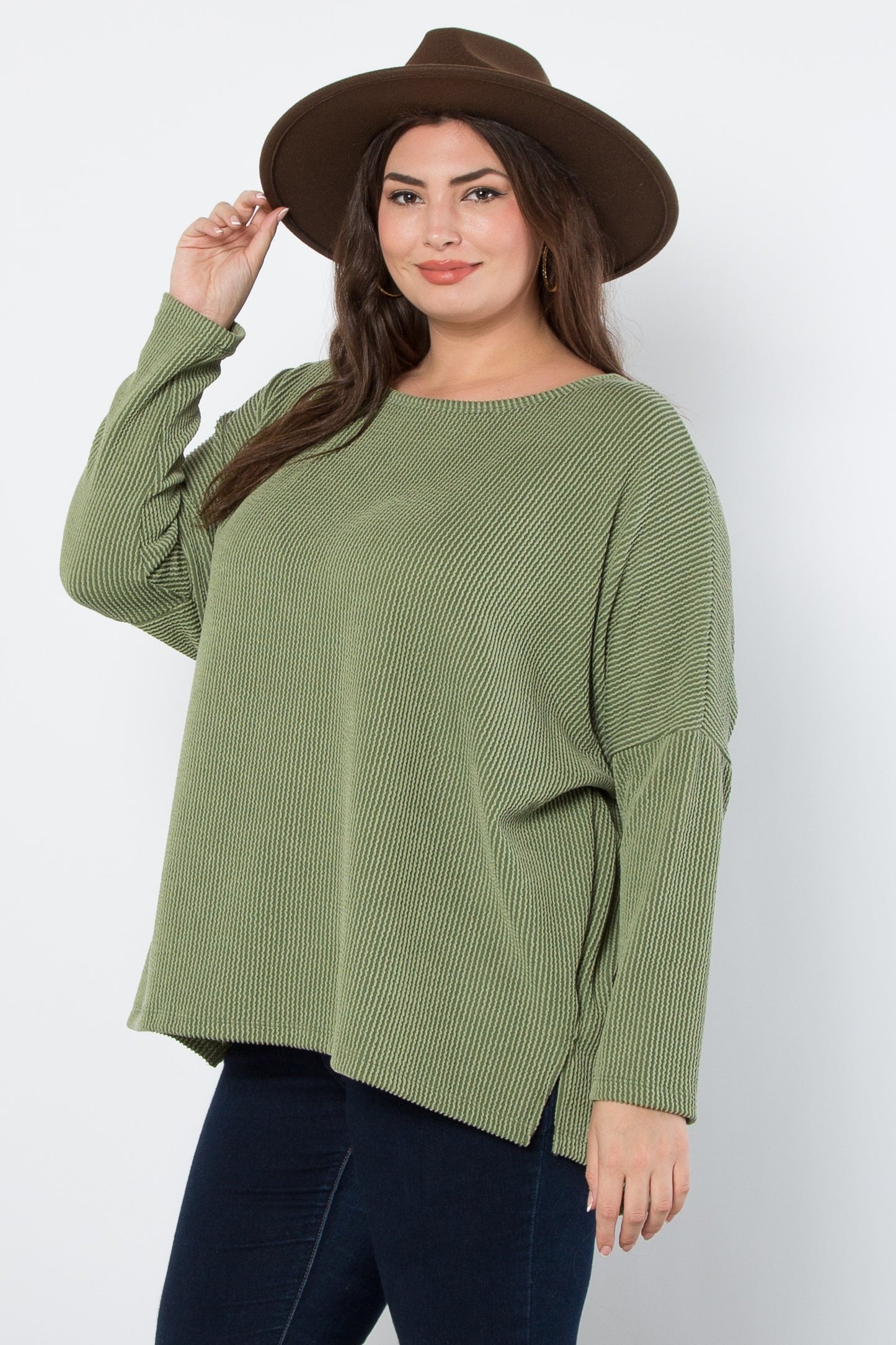 Curvy Sippin' Cider Ribbed Top (Army)