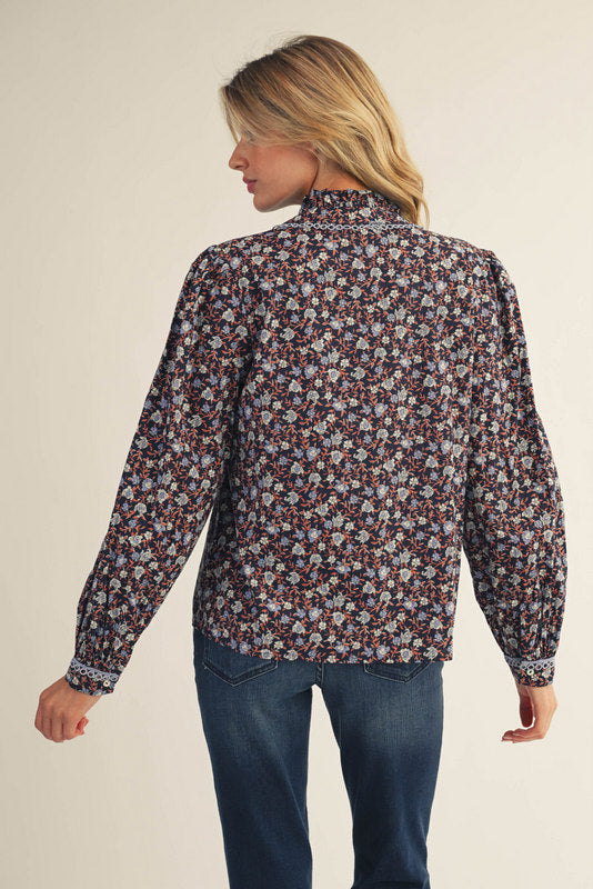 Ditsy Floral Print Button Top - Navy