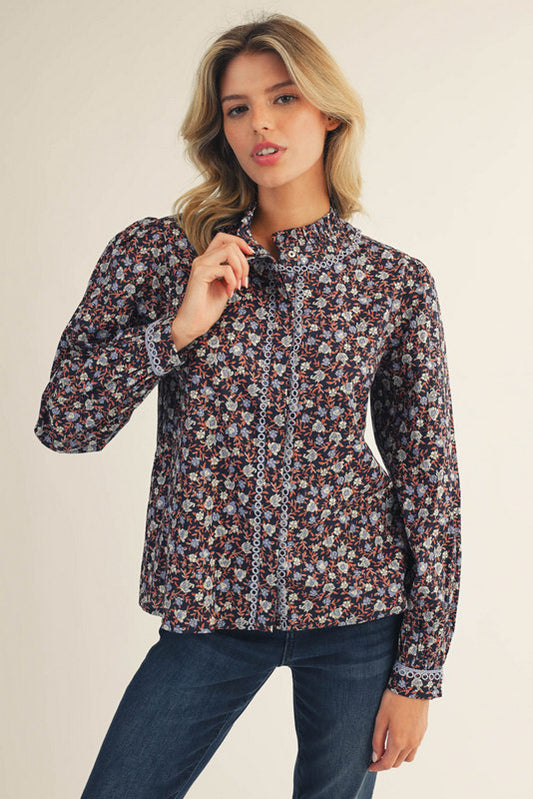 Ditsy Floral Print Button Top - Navy