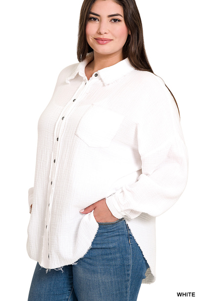 Curvy Style Me Gauze Button Up Top (White)