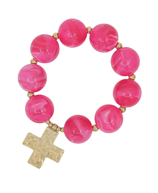 Ritzy Marbled Resin Bead Cross Bracelet - Berry