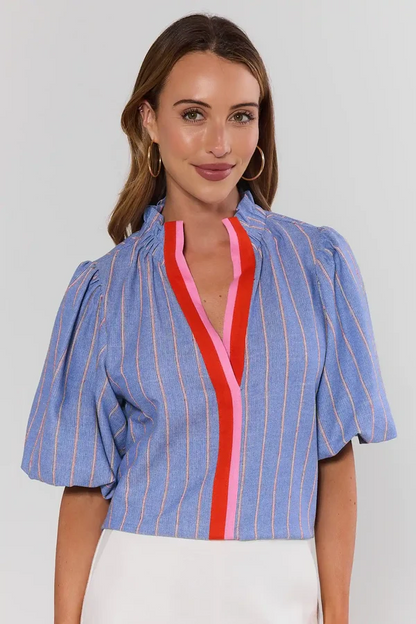 The Blue Ribbon Social Top | Striped Puff Sleeve Blouse