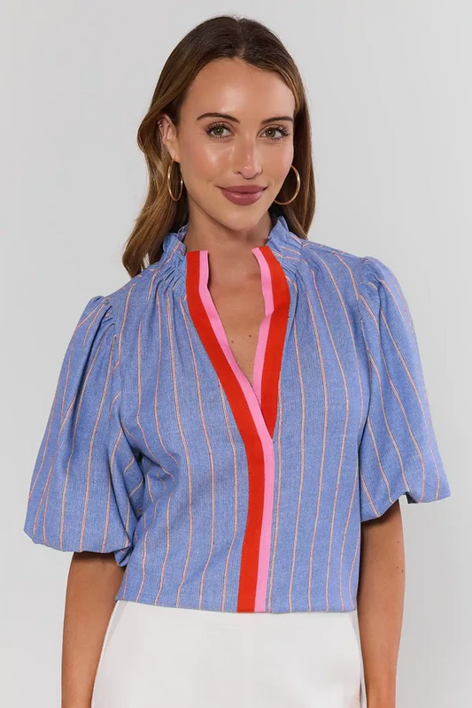 The Blue Ribbon Social Top | Striped Puff Sleeve Blouse