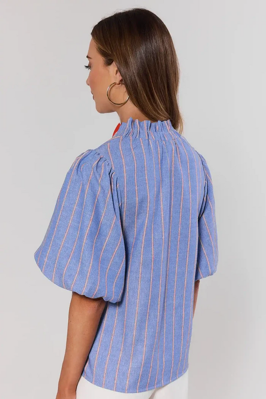 The Blue Ribbon Social Top | Striped Puff Sleeve Blouse