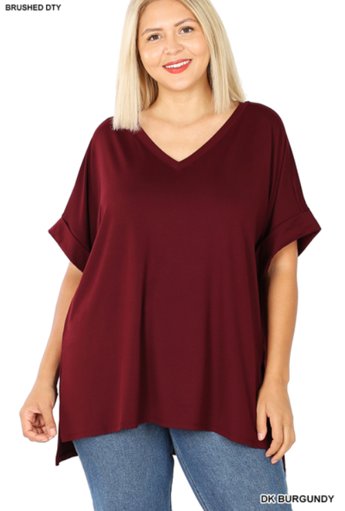 Curvy Shayne Cuff Sleeve V-Neck Top (Maroon)