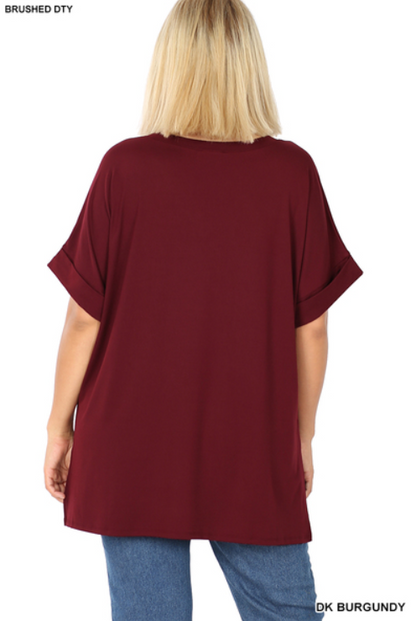 Curvy Shayne Cuff Sleeve V-Neck Top (Maroon)