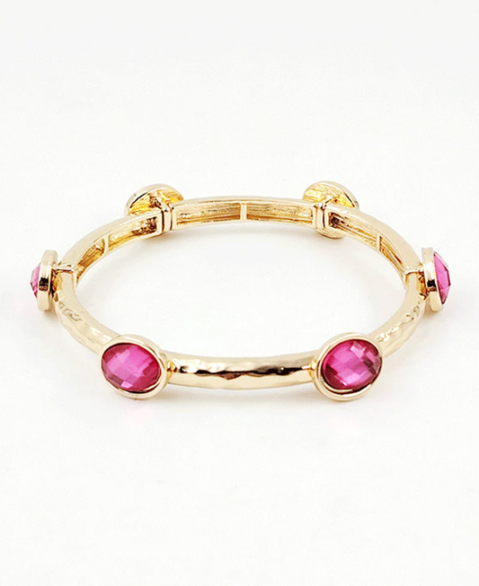 Bella Oval Rhinestone Hammered Stretch Bracelet - Pink
