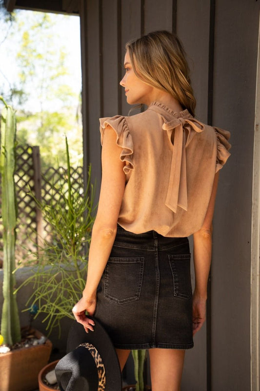 Daphne Suede Ruffle Sleeve Top (Taupe)