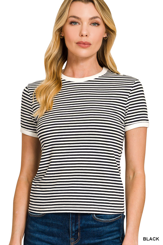 Marly Striped Contrast Trim Tee - Black - Delta Swanky Girl