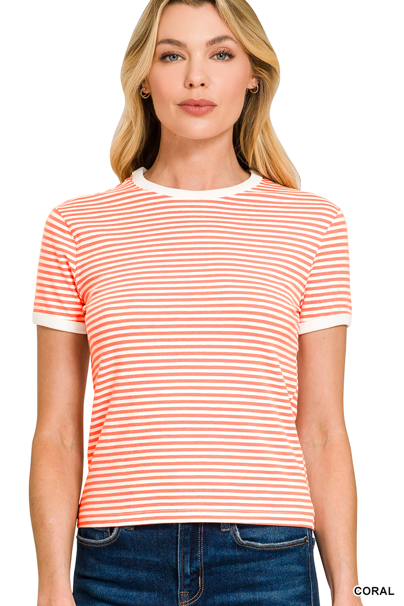 Marly Striped Contrast Trim Tee - Coral - Delta Swanky Girl
