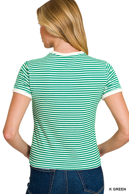Marly Striped Contrast Trim Tee - Green - Delta Swanky Girl