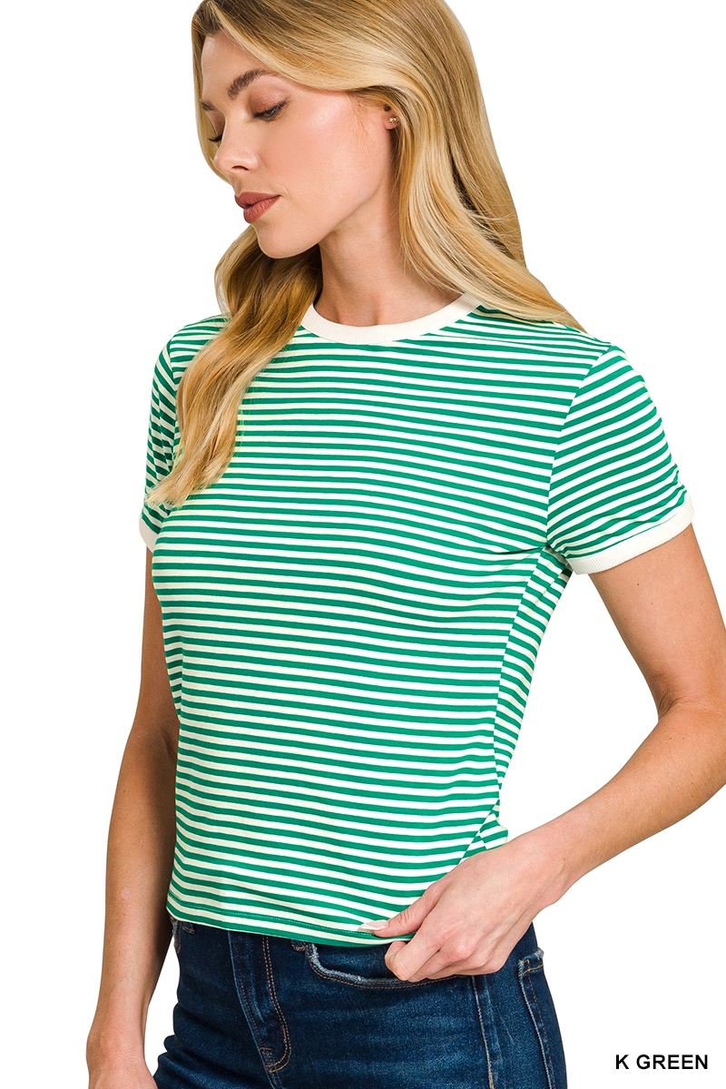Marly Striped Contrast Trim Tee - Green - Delta Swanky Girl