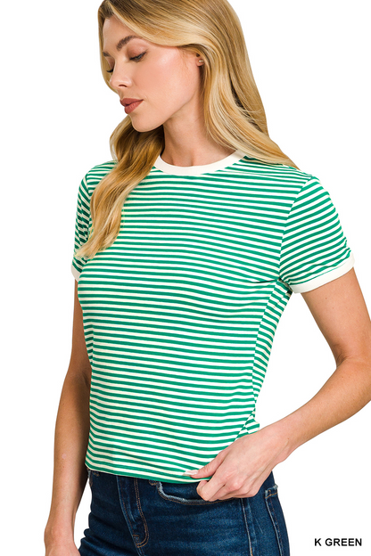Marly Striped Contrast Trim Tee - Green - Delta Swanky Girl