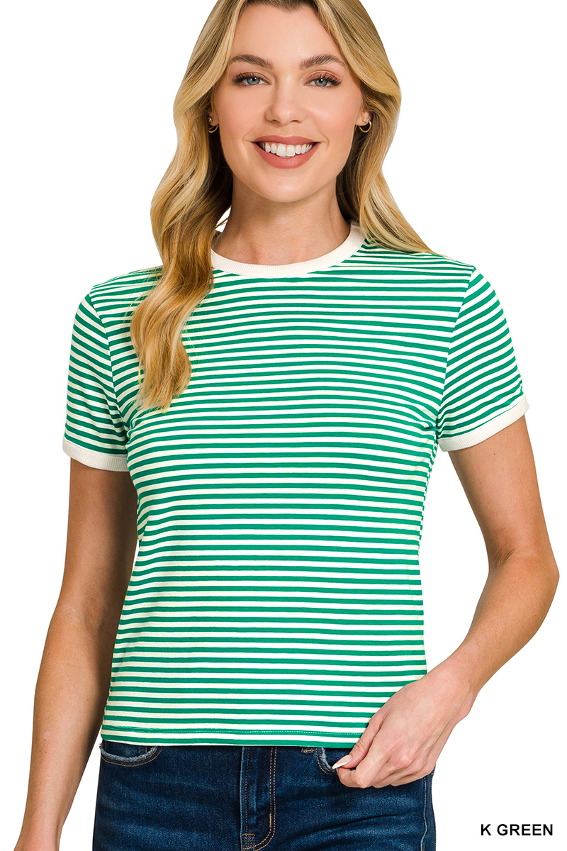 Marly Striped Contrast Trim Tee - Green - Delta Swanky Girl