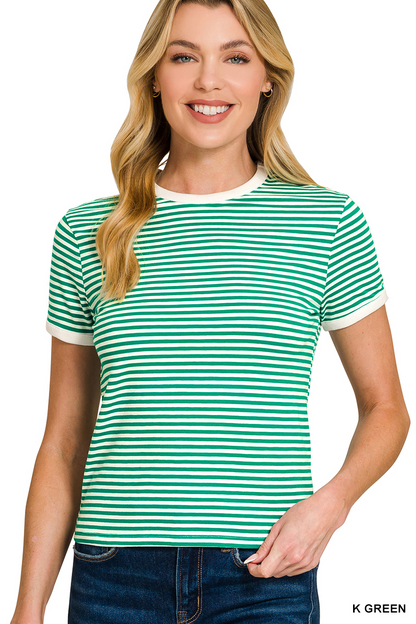 Marly Striped Contrast Trim Tee - Green - Delta Swanky Girl