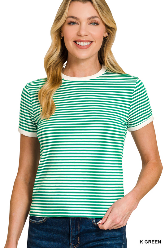 Marly Striped Contrast Trim Tee - Green - Delta Swanky Girl