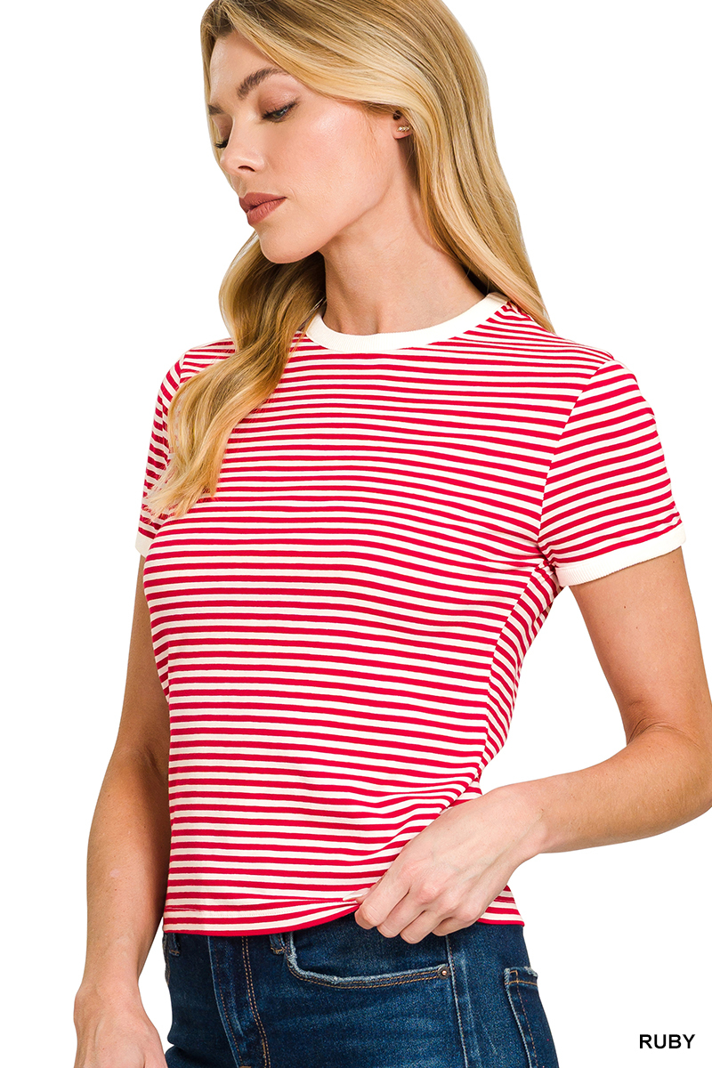 Marly Striped Contrast Trim Tee - Red - Delta Swanky Girl
