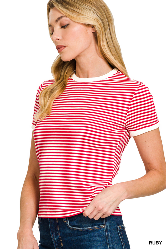 Marly Striped Contrast Trim Tee - Red - Delta Swanky Girl