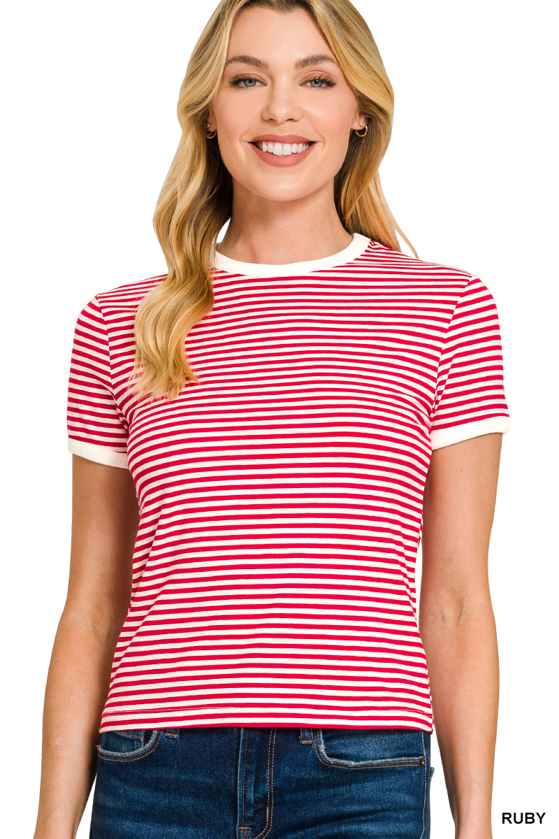 Marly Striped Contrast Trim Tee - Red - Delta Swanky Girl