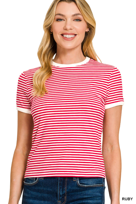 Marly Striped Contrast Trim Tee - Red - Delta Swanky Girl