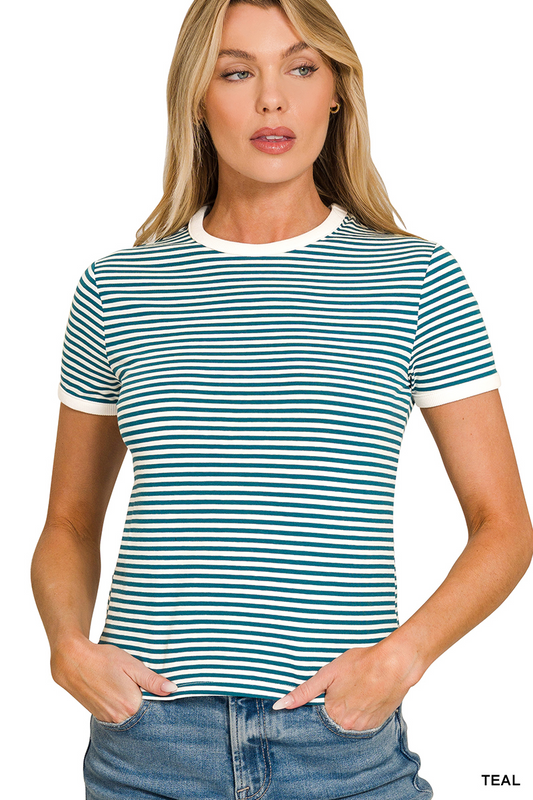 Marly Striped Contrast Trim Tee - Teal - Delta Swanky Girl