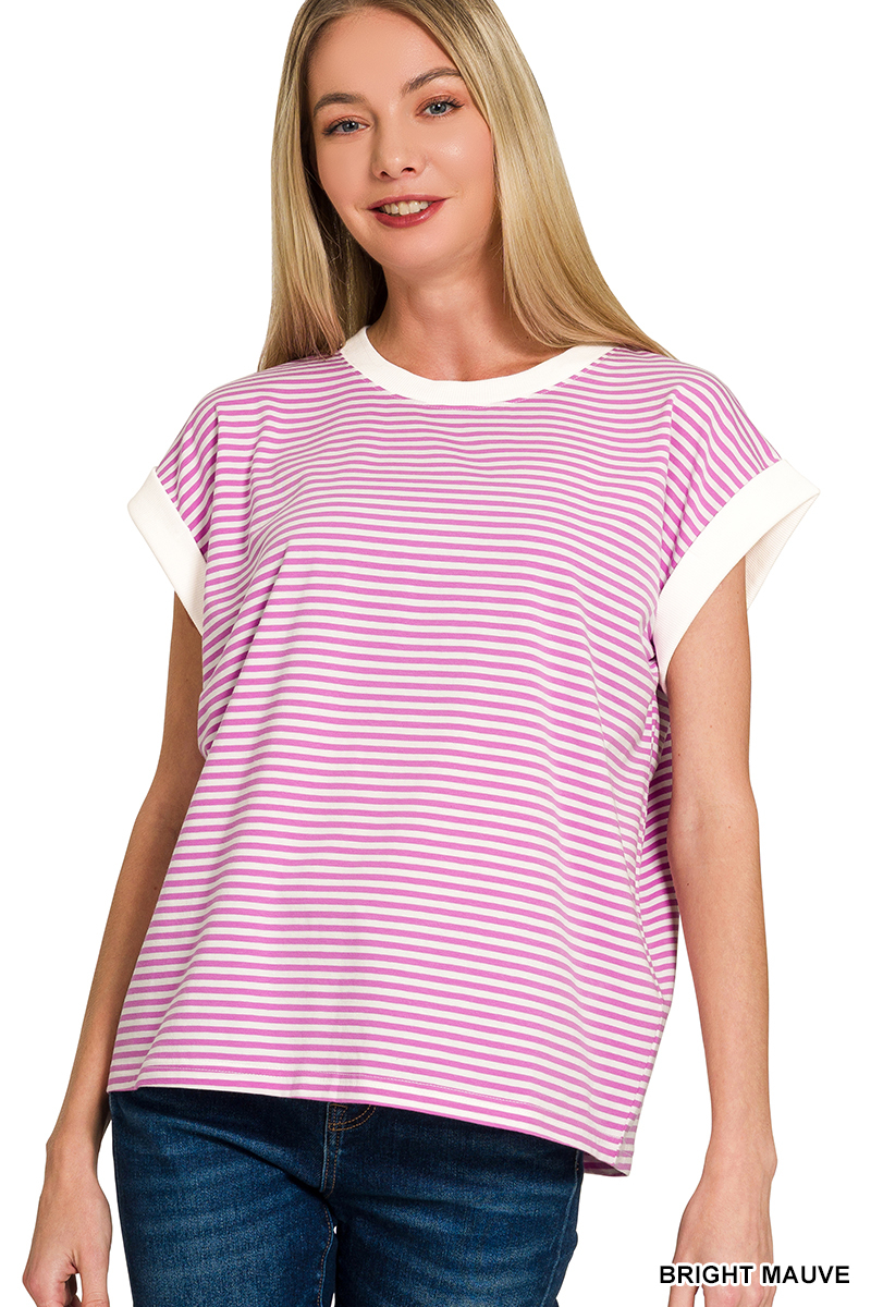 All Day Striped Contrast Trim Tee - Pink - Delta Swanky Girl